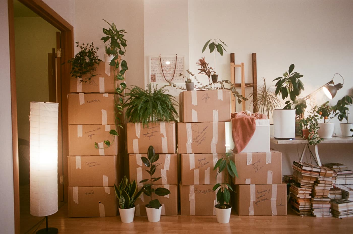 Movers navigating apartment stairs and elevator with furniture